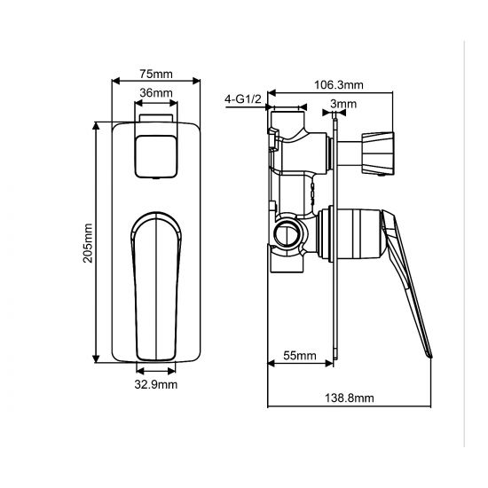 AU Square Black Shower/Bath Wall Mixer with Diverter