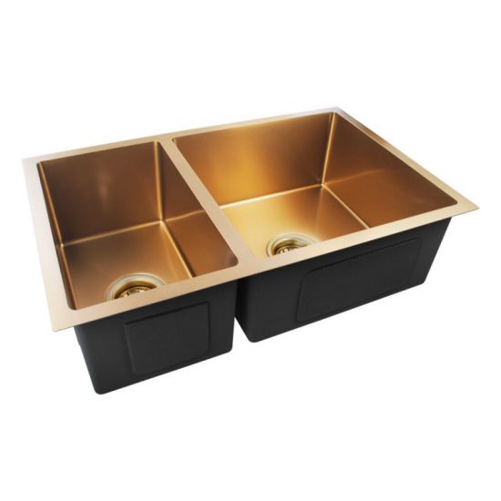 1.2mm 710x450x205mm Brushed Yellow Gold Double Bowls Under/Flush Mount Kitchen Sink