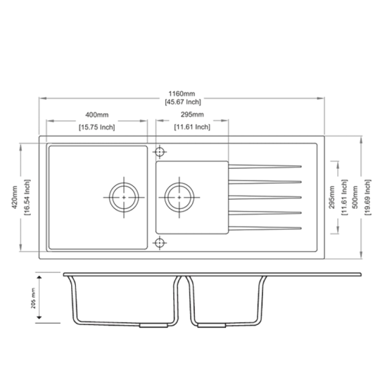 1160 x 500 x 205mm Carysil Black 1 and A Half Bowl With Drainer Board Granite Kitchen Sink Top/Flush/Under Mount