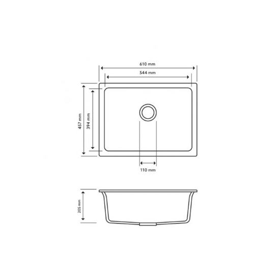 610 x 457 x 205mm Carysil Concrete Grey Single Big Bowl Granite Kitchen/Laundry Sink Top/Flush/Under Mount