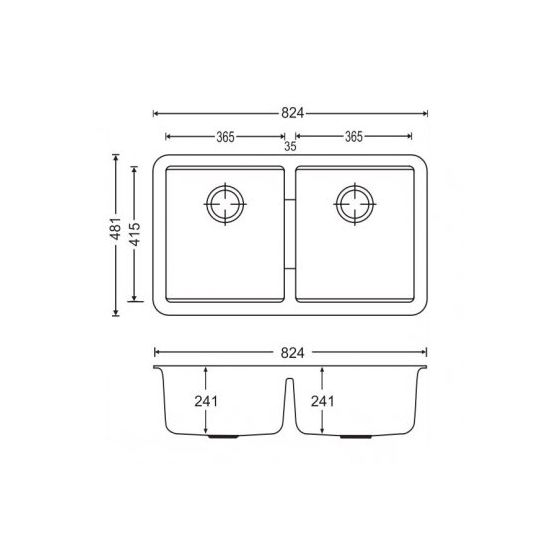 824 x 481 x 241mm Carysil White Double Bowls Granite Undermount Kitchen Sink