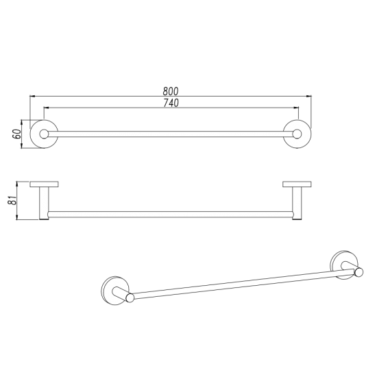 LUCID PIN Round Chrome Single Towel Rack Rail 800mm