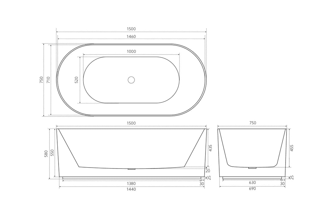 Ally Groove 1500mm Matte Black Freestanding Bath