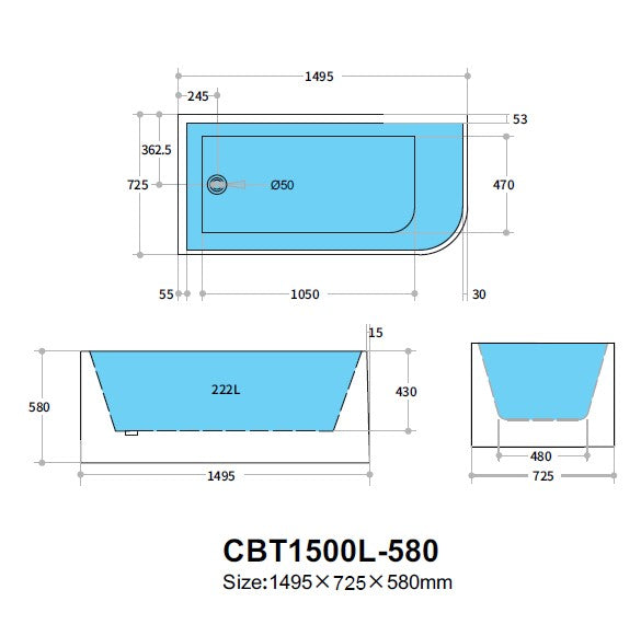 Casey 1500 Left Corner BTW Bath Matte White