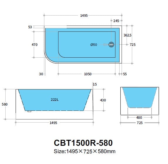Right Corner Back to Wall Bathtub 1500x730x580 Gloss White Acrylic
