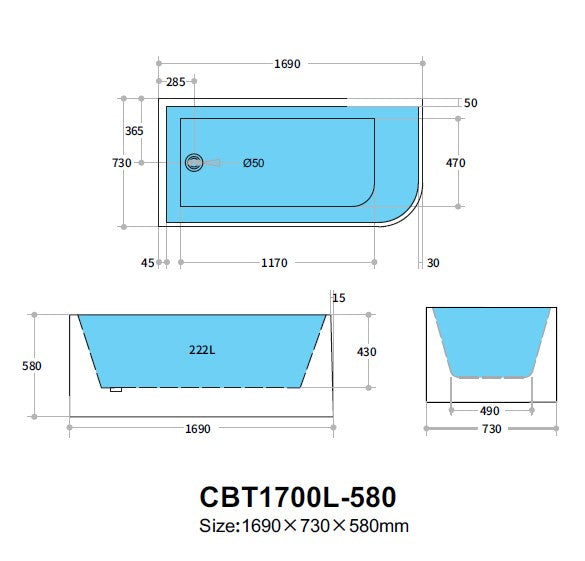 Casey 1700 Left Corner BTW Bath Matte White