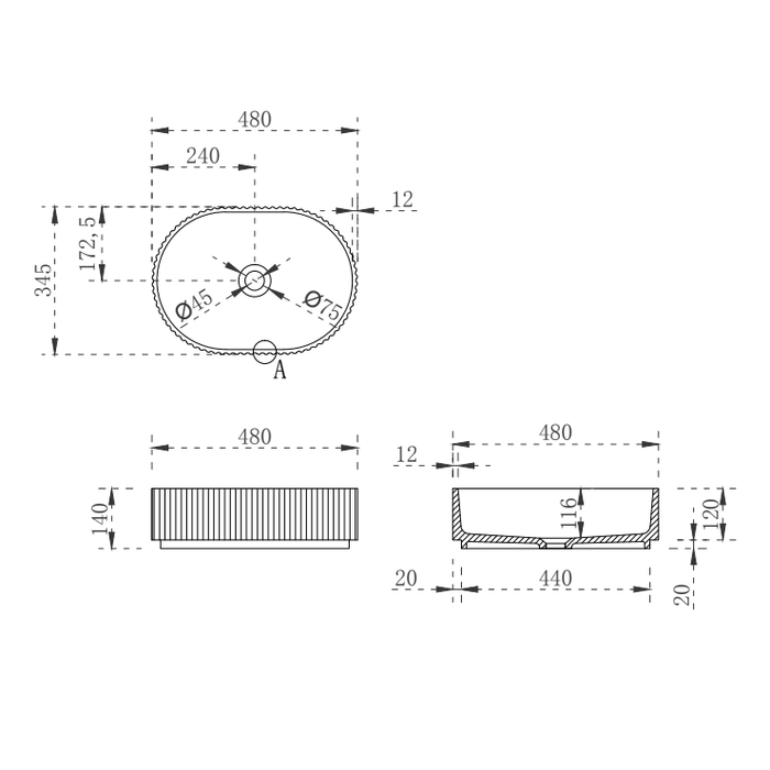 Stadio Groove 480mm Fluted Oval Basin Matte Black