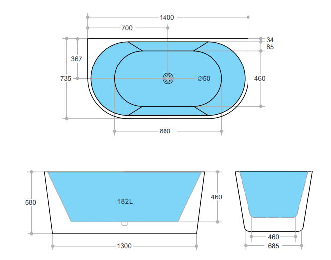 Elivia 1400 Matte White Back to Wall Bath