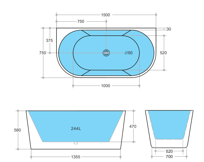 Elivia 1500 Matte White Back to Wall Bath