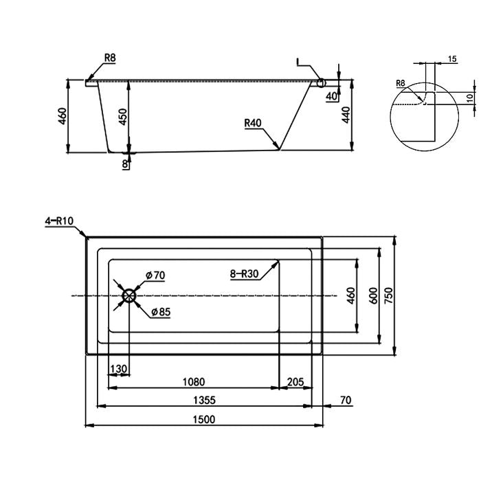 DROP IN SHOWER BATH 1495X750X460