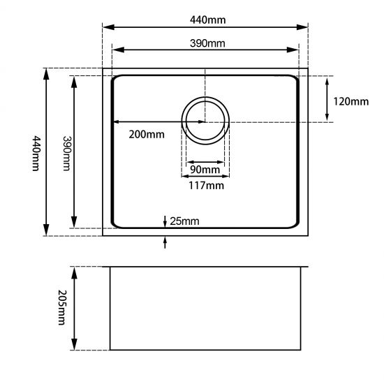1.2mm Round Corner Stainless Steel Single Bowl Top/Flush/Undermount Kitchen/Laundry Sink 440x440x205mm