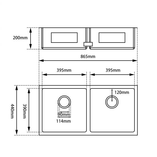 1.2mm 865x440x200mm Double Bowls Top/Undermount Kitchen Sink