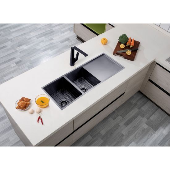 Gun Metal Grey Double Bowl Kitchen Sink with Drainer 1160*460*230mm