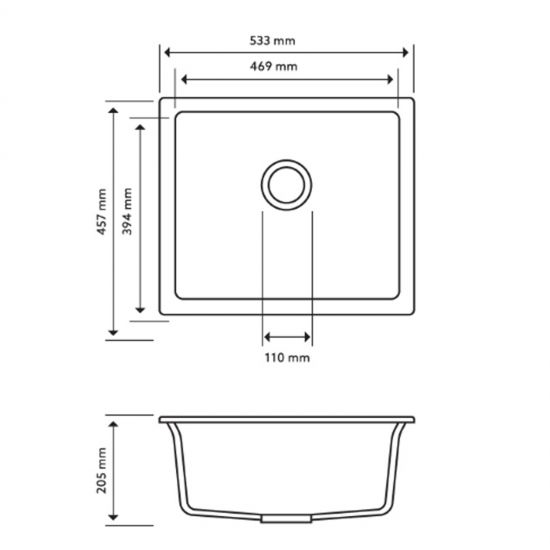 533 x 457 x 205mm Carysil Black Single Bowl Granite Kitchen/Laundry Sink Top/Flush/Under Mount