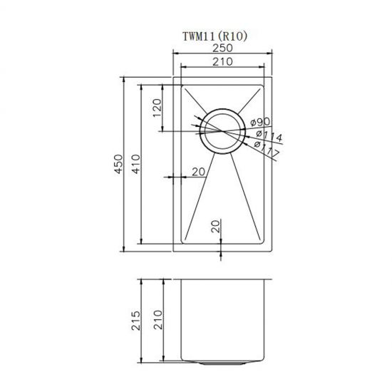 250x450x215mm 1.2mm Top/Undermount Single Bowl Kitchen Sink