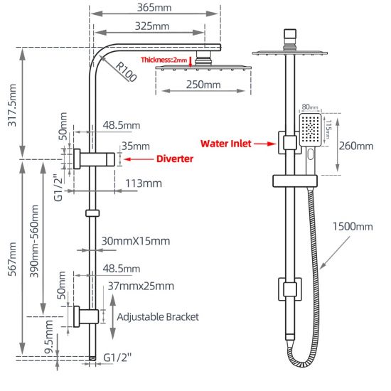 Square Chrome Shower Station Top Water Inlet