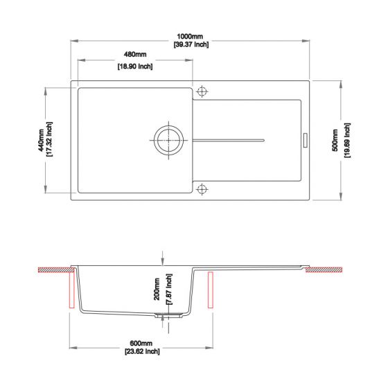 1000 x 500 x 200mm Carysil Black Single Bowl With Drainer Board Granite Kitchen Sink Top Mount