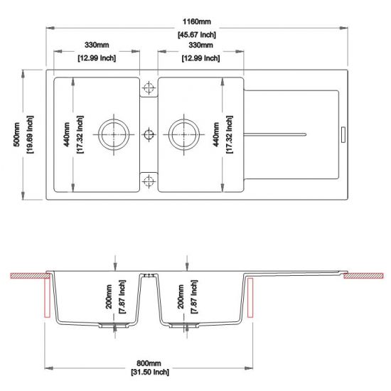 1160 x 500 x 200mm Carysil Black Double Bowl with Drainer Board Granite Kitchen Sink Top Mount