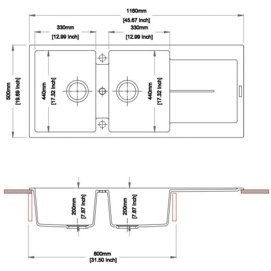 1160x500x200mm Carysil White Double Bowls with Drainer Board Granite Kitchen Laundry Sink Top Mount