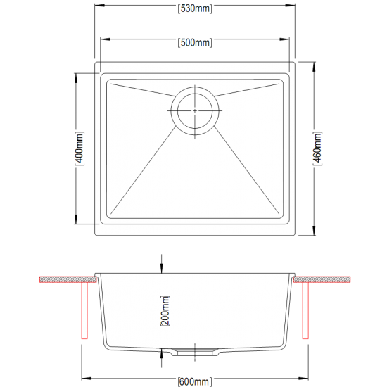 530 x 460 x 200mm Carysil Black Single Bowl Granite Kitchen/Laundry Sink Top/Flush/Under Mount