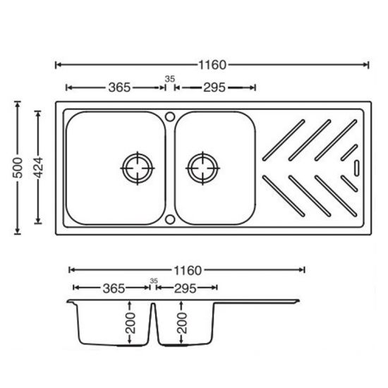 1160x500x200mm Black Granite Quartz Stone 1 and 3/4 Kitchen Sink Double Bowls Drainboard Topmount