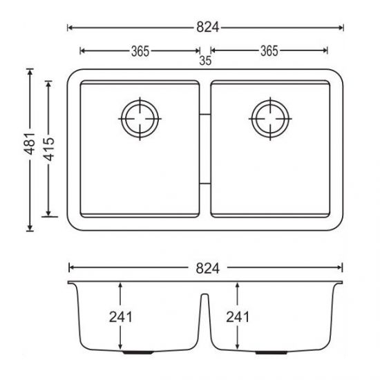 824 x 481 x 241mm Carysil Black Double Bowls Granite Undermount Kitchen Sink