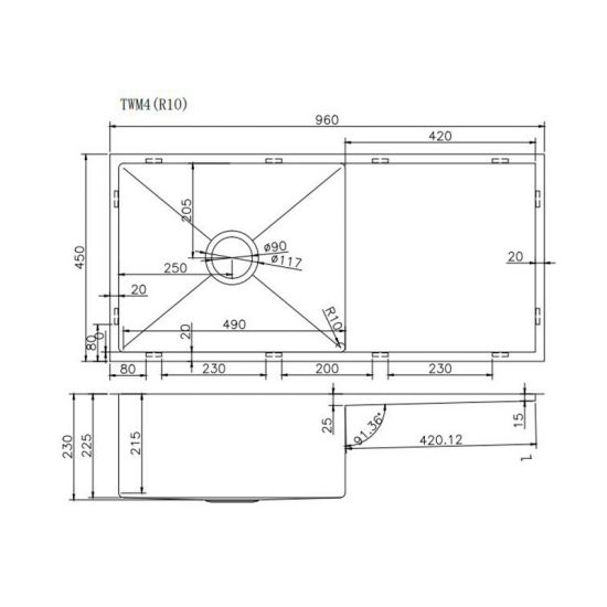 960x450x230mm 1.2mm Top/Undermount Single Bowl Kitchen Sink