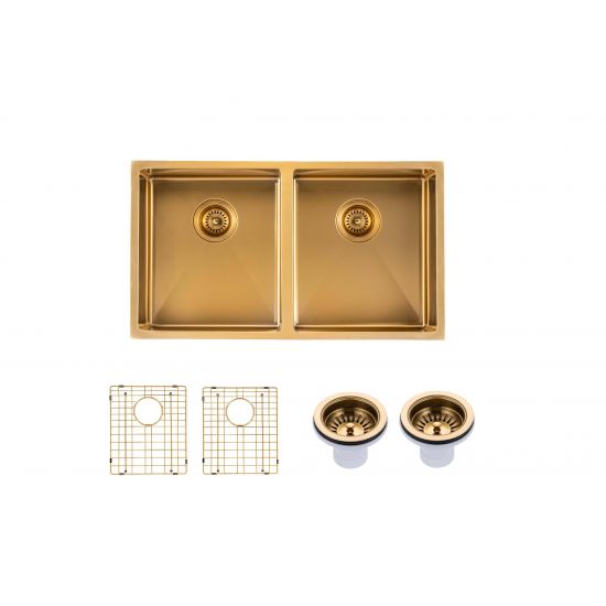 Brushed Gold 770x450x215mm 1.2mm Handmade Top/Undermount Double Bowls Kitchen Sink