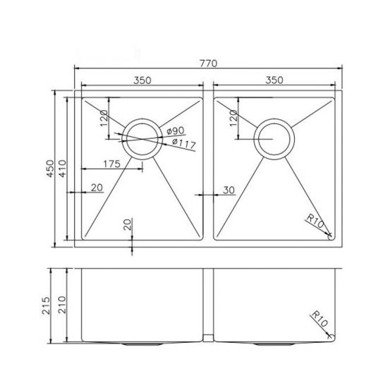 Brushed Gold 770x450x215mm 1.2mm Handmade Top/Undermount Double Bowls Kitchen Sink