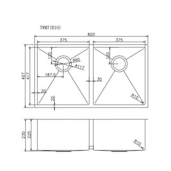 820x457x230mm 1.2mm Top/Undermount Double Bowls Kitchen Sink