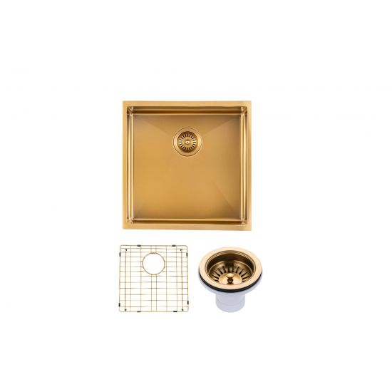 Brushed Gold 440x440x205mm Satin Stainless Steel Single Bowl Sink for Flush Mount and Undermount