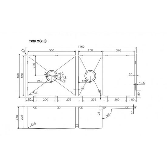 1160x460x230mm Kitchen Sink One and Half Double Bowls with Drainer Board