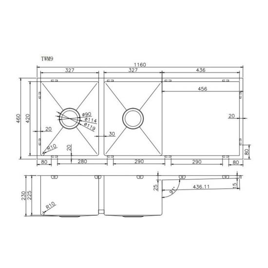 1160x460x230mm 1.2mm Top/Undermount Double Bowls Kitchen Sink