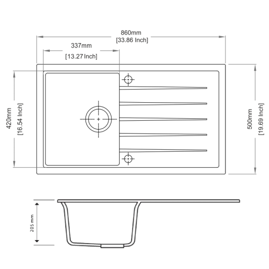 860 x 500 x 205mm Carysil Black Single Bowl With Drainer Board Granite Kitchen Sink Top/Flush/Under Mount