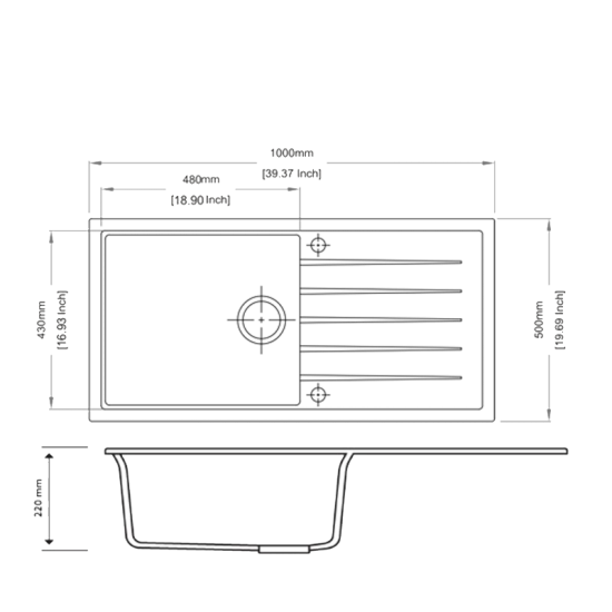 1000 x 500 x 220mm Carysil Black Single Bowl With Drainer Board Granite Kitchen Sink Top/Flush/Under Mount