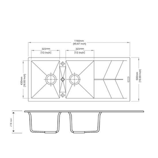 1160 x 500 x 210mm Carysil Concrete Grey Double Bowl Drainer Board Granite Kitchen Sink Top/Flush/Under Mount