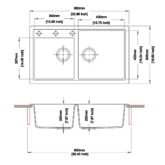 860 x 500 x 205mm Carysil White Double Bowl Granite Kitchen Sink Top/Flush/Under Mount