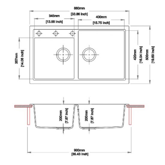 860 x 500 x 205mm Carysil White Double Bowl Granite Kitchen Sink Top/Flush/Under Mount