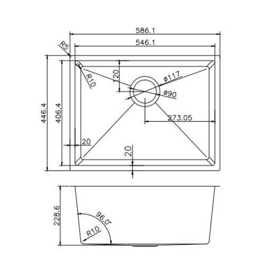 586x450x230mm 1.2mm Top/Undermount Single Bowl Kitchen Sink Stainless Steel