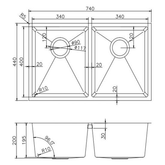 740x440x200mm 1.2mm Double Bowls Top/Undermount Kitchen/Laundry Sink