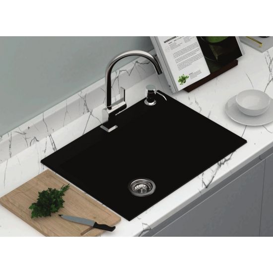 680 x 500 x 220mm Carysil Black Single Bowl Granite Stone Kitchen Sink Top/Under Mount