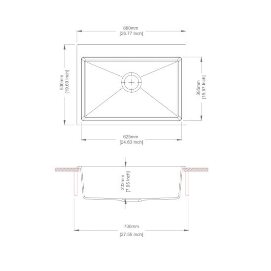 680 x 500 x 220mm Carysil Black Single Bowl Granite Stone Kitchen Sink Top/Under Mount