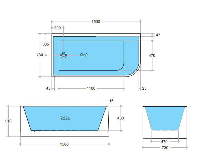 Left Corner Back to Wall Bathtub 1700x730x580