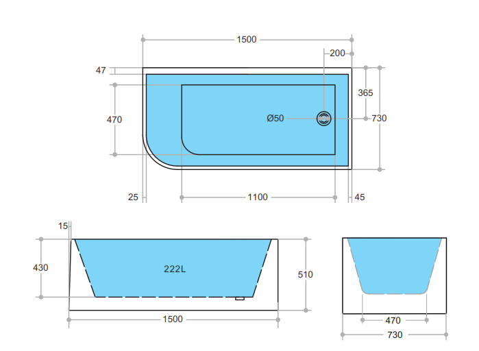 Right  Corner Back to Wall Bathtub 1500x730x510