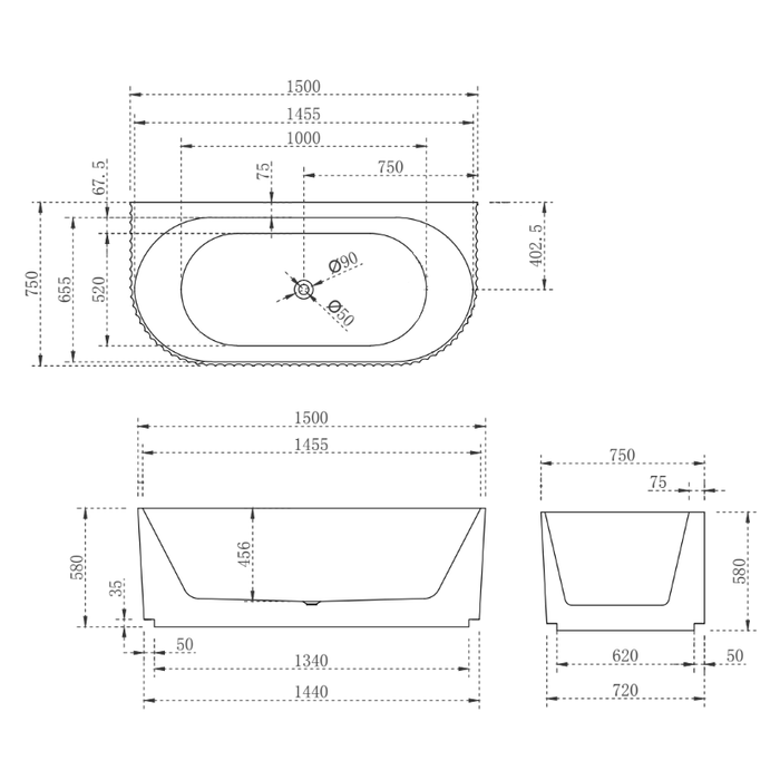 Brighton Groove 1500mm Fluted Matte Black Oval  Back to Wall Bath