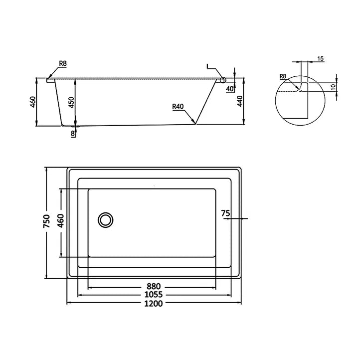 DROP IN SHOWER BATH 1200X750X460