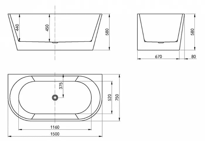 Verona BTW Bathtub 1500mm Gloss White  NF