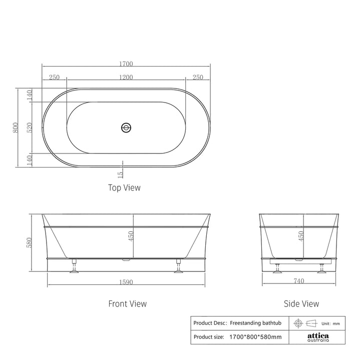 Attica Bondi 1700mm Matte White Bath